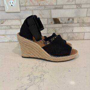 Toms Black Canvas Espadrille Wedge Sandals with Jute Heel